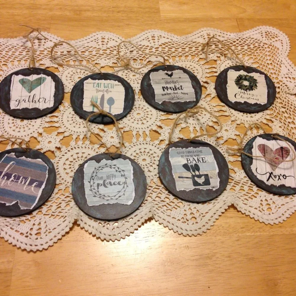 Crafty Christmas - Hand Painted, Decopaged Rustic Farmhouse Christmas Ornaments